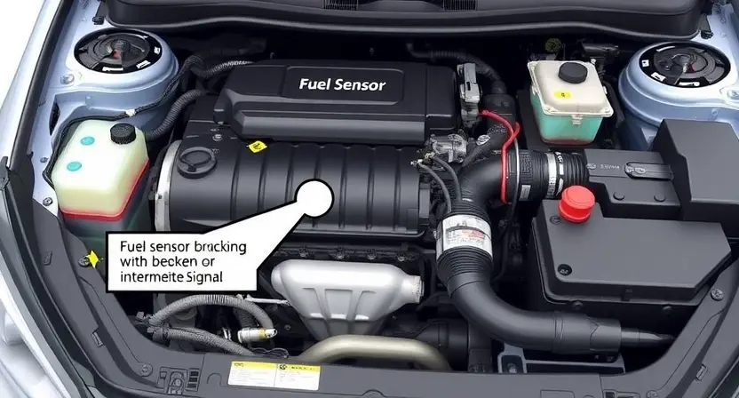 A detailed illustration of a car engine bay, focusing on the fuel system components. Show a fuel sensor with a broken or intermittent signal, highlighting potential mechanical issues like a loose connection, damaged wiring, or a faulty sensor itself. Include visual cues indicating a low fuel signal.