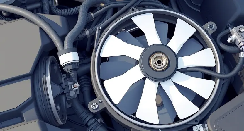 A close-up, detailed illustration of a car engine bay, focusing on the coolant temperature sensor and the radiator fan. The sensor should be clearly visible, and the fan blades should be depicted in motion, suggesting cooling. Include hoses and wiring connecting to the sensor and fan. The overall lighting should be bright and clean, highlighting the components.
