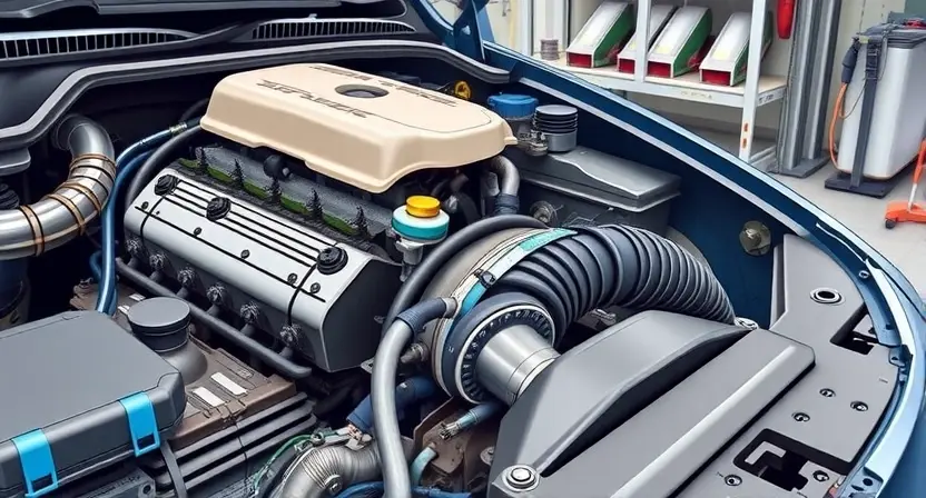 A detailed illustration of a car engine with a focus on the throttle position sensor and related components. The image should show the engine bay with the throttle body highlighted, indicating the sensor's location. Include visual cues of potential issues such as wear, dirt, or damage to the sensor and its wiring. The background should be a clean, well-lit garage setting with tools and diagnostic equipment visible.