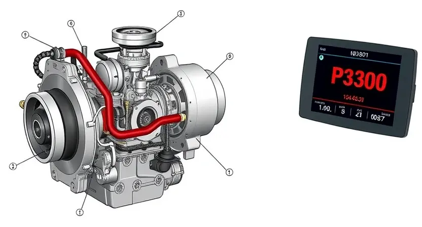 A detailed technical illustration of a car engine's variable valve timing system, showing components like camshaft, phaser, oil control valve, and timing chain, with diagnostic error code P3300 displayed on a digital dashboard screen nearby, clean white background, professional automotive technical diagram style
