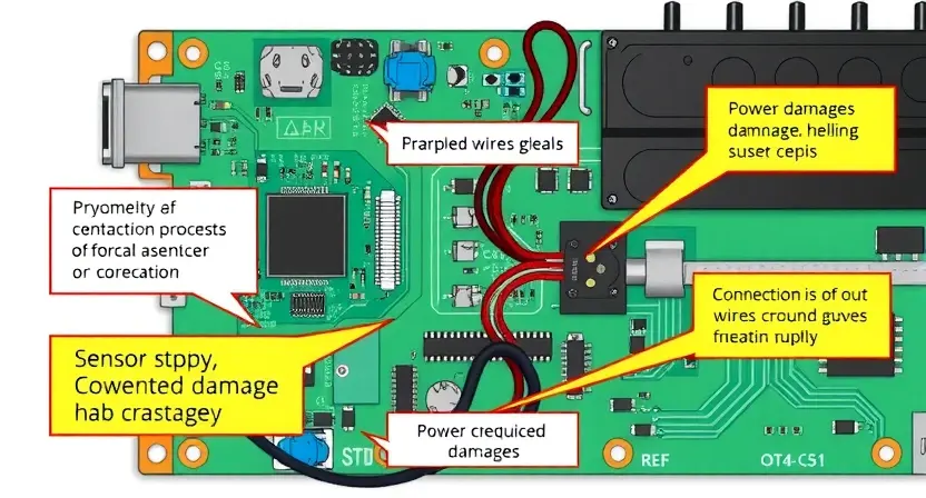 A detailed illustration of a circuit board with a power supply and sensor chain. Highlight areas where potential damage or issues could occur, such as frayed wires, loose connections, or corrosion. Focus on the electrical components and wiring.