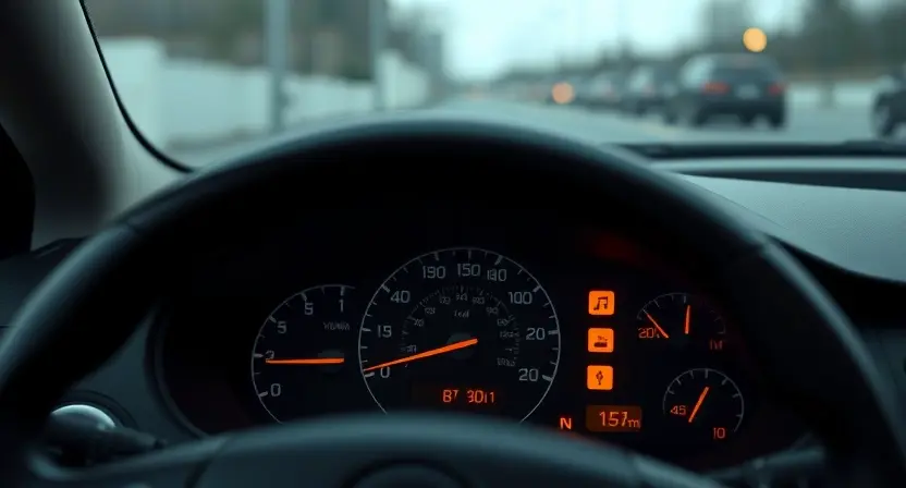 A close-up, detailed illustration of a car's dashboard with a prominent warning light illuminated. The dashboard should be clean and modern, focusing on the instrument cluster and the warning light. The background should be blurred, suggesting a car interior. The color palette should be realistic and muted, emphasizing the warning light's color (e.g., yellow or orange).