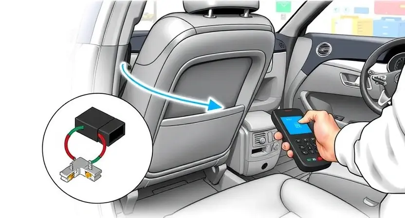 A detailed illustration of a car seat with a focus on the seatback position sensor. Show the sensor's location and its connection to the seat mechanism. Include a close-up view of the sensor itself, highlighting its components and how it detects the seatback angle. The image should convey the diagnostic process, such as a technician using a diagnostic tool to read the sensor's data. The background should be a clean, well-lit workshop environment.