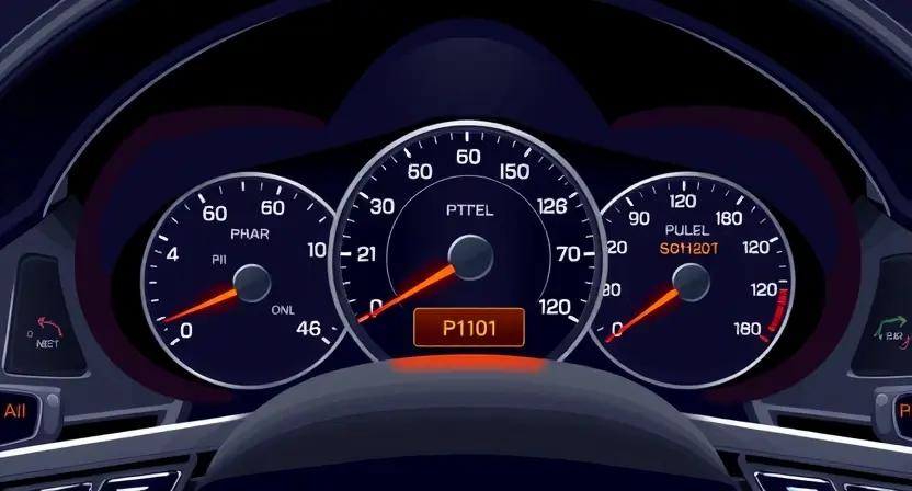 A detailed illustration of an Opel or Chevrolet car's dashboard, highlighting the P1101 error code indicator. The dashboard should show various gauges and warning lights, with the P1101 light clearly illuminated. Focus on the car's interior, emphasizing the technological aspects and the error message's visual representation.