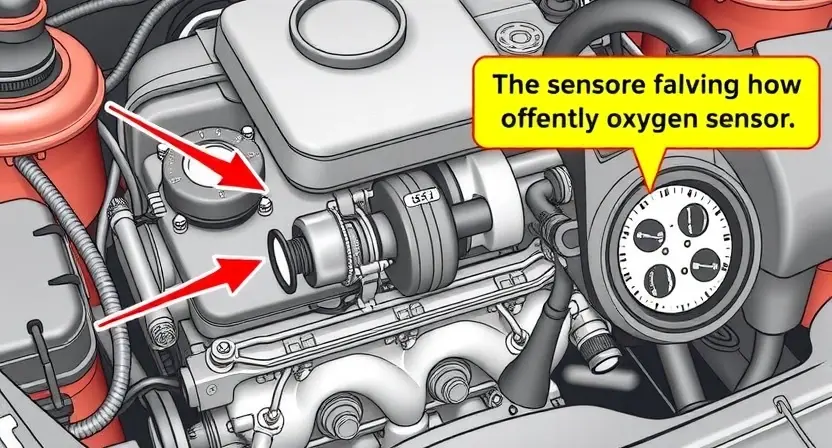 A detailed illustration of a car engine bay with a highlighted oxygen sensor. The sensor should be clearly visible, with arrows pointing to its location and surrounding components. Focus on the sensor's physical appearance and its connection to the engine. The background should show other engine parts, but the oxygen sensor should be the central element.