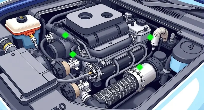 A detailed illustration of a car's engine bay, focusing on the fuel system components. Highlight fuel injectors, fuel lines, and the intake manifold. Use visual cues to indicate a rich fuel mixture, such as a slightly darker color on the components or subtle visual effects suggesting excess fuel. The overall scene should be clean and well-lit, emphasizing mechanical detail. The background should be blurred to keep the focus on the engine components.