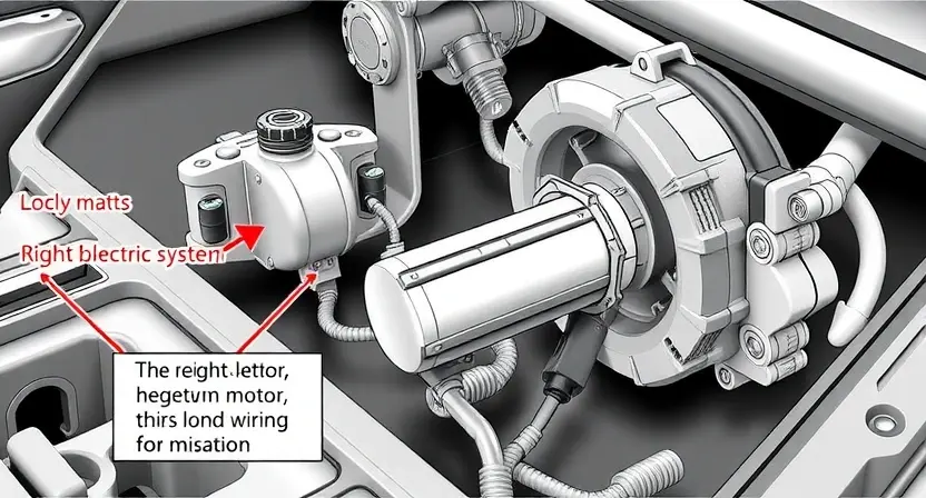A detailed diagram of a car's handbrake system, highlighting the right electric motor and its associated wiring. The diagram should clearly show the motor's position, connections to the control unit, and the linkage to the wheels. Focus on the motor itself and the surrounding components related to its function.
