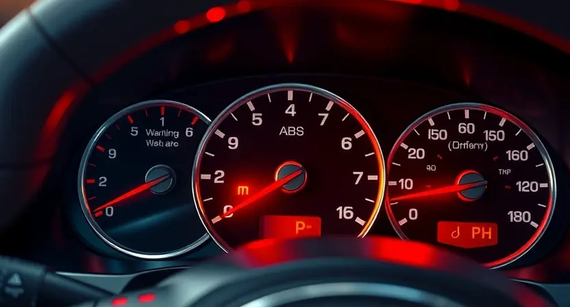 A detailed illustration of a car's dashboard with the ABS warning light illuminated. Focus on the warning light itself, highlighting its color (typically red or amber) and location. The dashboard should be clean and modern, with other gauges and displays subtly visible but not distracting from the ABS light. The overall lighting should be realistic, as if captured in a car interior.