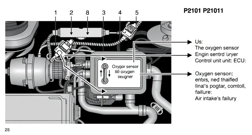 A detailed diagram illustrating the P2101 error code in a car's engine system. The diagram should highlight the relevant components: oxygen sensor, engine control unit (ECU), exhaust manifold, and air intake system. Use arrows to show the flow of data and potential points of failure. Focus on the electrical and mechanical aspects of the system. The overall image should be clean, informative, and easy to understand, suitable for a repair manual.