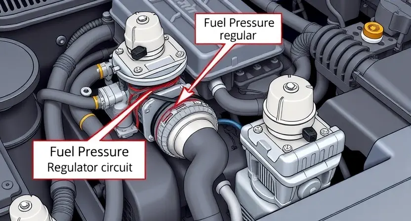 A detailed illustration of a car engine with a focus on the fuel pressure regulator and its control circuit. The image should show the fuel pressure regulator, fuel lines, and the wiring harness connected to it. Highlight the area where the circuit might be broken, using visual cues like a gap or a disconnected wire. The engine should be depicted in a realistic and detailed manner, with clear labels for the fuel pressure regulator and control circuit.