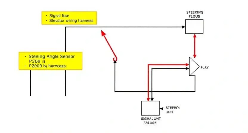 A detailed schematic diagram of a car's steering angle sensor circuit, highlighting the P2009 error code and the relevant components (sensor, wiring harness, control unit). Focus on the signal flow and potential points of failure. The diagram should be clean, professional, and easy to understand, emphasizing the electrical connections and component locations.