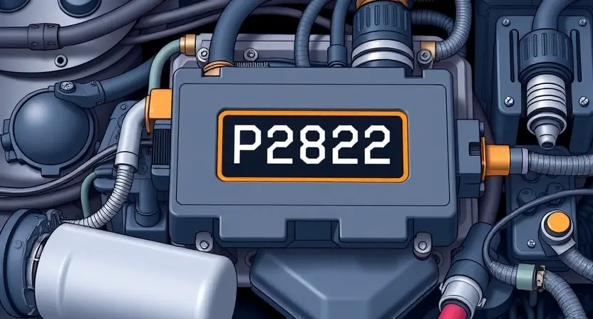 A detailed illustration of an automotive engine control unit (ECU) with a highlighted error code P2822. The ECU should be depicted in a realistic, technical style, showing various components like sensors, wiring, and connectors. The error code P2822 should be clearly displayed on a digital screen within the ECU.