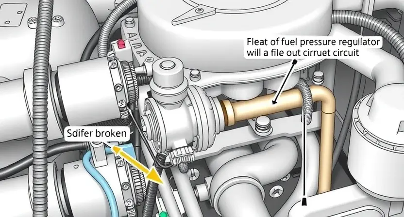 A detailed illustration of a car engine with a focus on the fuel pressure regulator and its control circuit. The image should show the regulator connected to the fuel rail and the wiring harness, highlighting the point where the circuit is broken. The surrounding components should be depicted in a realistic and detailed manner to provide context for the repair process.
