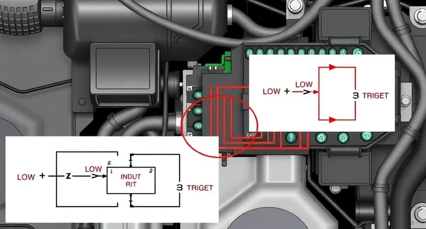 A detailed illustration of an automotive engine control unit (ECU) with a visual representation of a low input signal voltage to a trigger circuit. Include wiring diagrams and schematic elements to show the signal path. Focus on the electronic components and their connections.