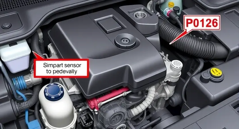 A detailed illustration of a car engine with a highlighted sensor or component related to the P0126 error code. The engine should be depicted in a realistic and high-quality manner, with clear visual indicators pointing to the specific area of concern. The image should convey a sense of technical precision and diagnostic focus.