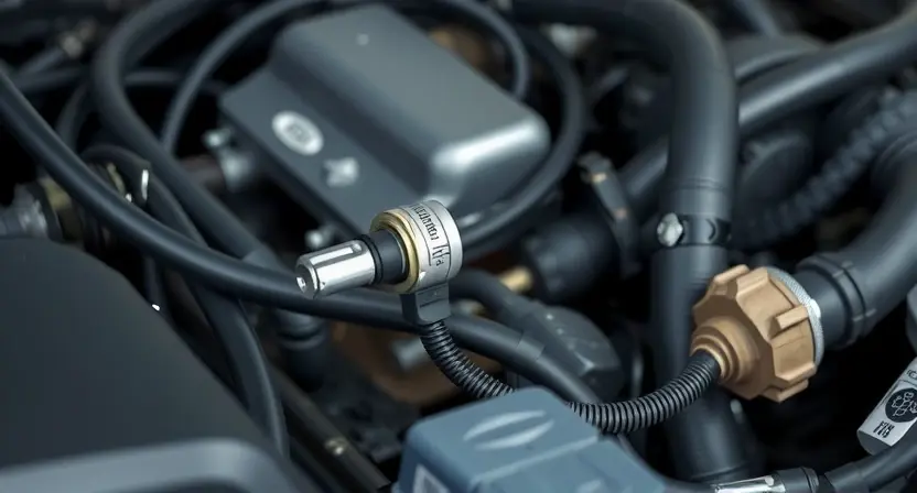 A close-up, detailed illustration of an engine bay with a focus on the coolant temperature sensor and its wiring. The sensor should be clearly visible, along with surrounding hoses and components. The image should convey a sense of technical precision and clarity, highlighting the sensor's position and connections. The overall lighting should be bright and even, ensuring all details are easily discernible. The background should be slightly blurred to emphasize the sensor.