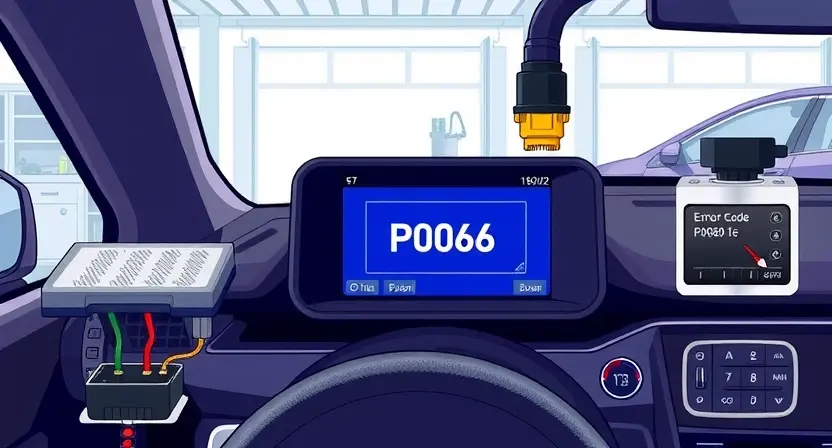 A detailed illustration of a car's diagnostic interface displaying error code P0606, with visual representations of related components like the vehicle's computer, sensors, and wiring. The background should be a clean, professional automotive workshop setting.