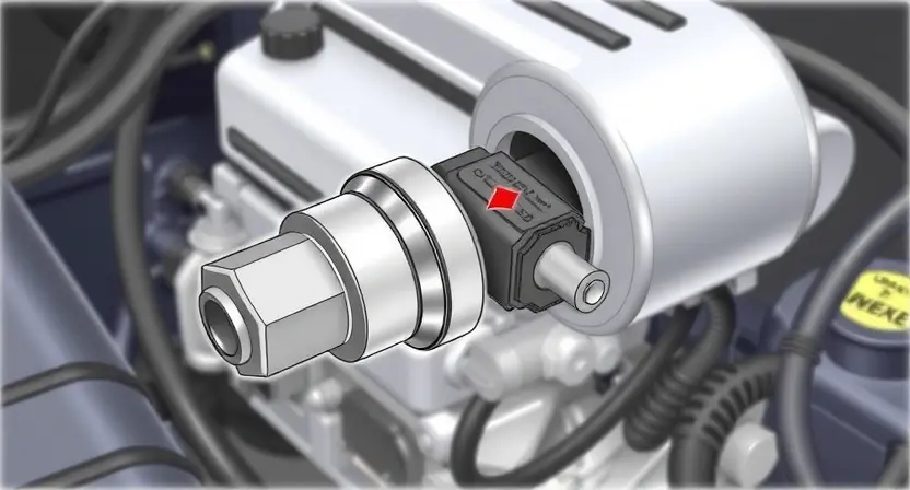 A detailed illustration of a car's throttle position sensor and its wiring harness. The image should clearly show the sensor itself, its connection points, and the surrounding engine components. Focus on the sensor's physical appearance and the quality of the wiring. The background should be a slightly blurred engine bay environment.