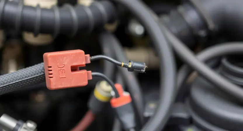 A close-up, detailed image of a car's electrical system, specifically focusing on a wiring harness and connector. The wiring should appear slightly frayed or damaged to visually represent a potential cause of an electrical issue. The background should be blurred, suggesting a workshop environment. Focus on the complexity of the wiring and the potential points of failure.