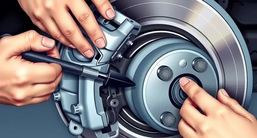 A detailed illustration of a car brake system focusing on a stuck brake caliper and brake pads, showing a mechanic's hands using tools to free the caliper, with a close‑up view of the caliper, pads, and brake disc, realistic metallic textures and subtle lighting, no text or logos