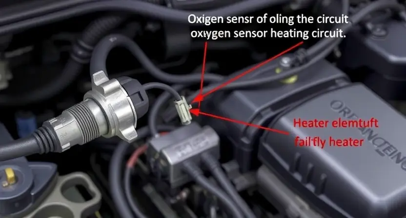 A detailed illustration of an automotive engine bay, focusing on the oxygen sensor heating circuit. Show a close-up of the sensor, wiring harness, and the heater element within the sensor. Highlight potential points of failure like damaged wires or a faulty heater. The background should be slightly blurred to emphasize the sensor and its circuit.