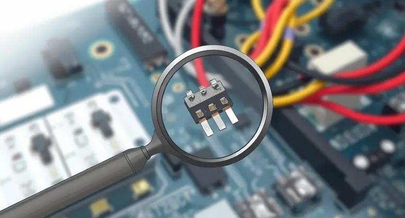 A detailed illustration depicting a close-up of electrical wiring and connections. Focus on a circuit board with visible wires, connectors, and potential points of failure. Show a magnifying glass hovering over a specific connection, highlighting a possible issue. The background should be slightly blurred to emphasize the wiring.