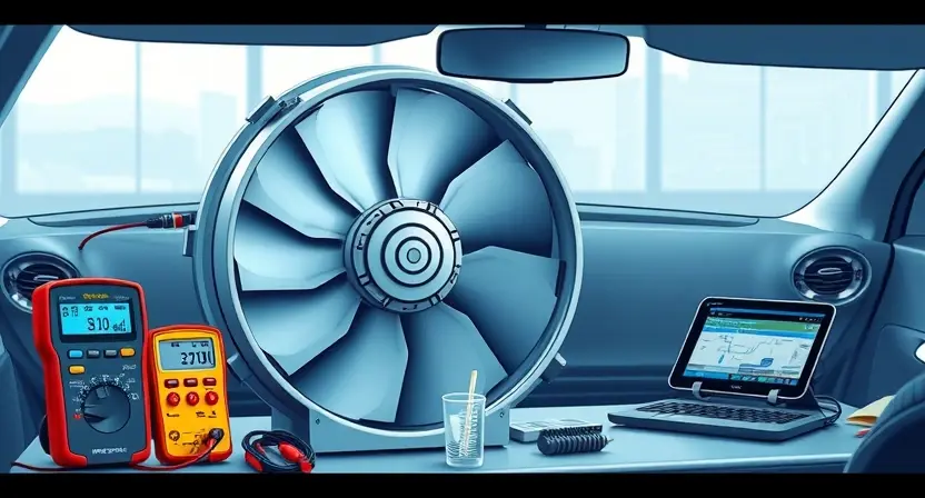 A detailed technical illustration of a high-voltage cooling fan in an electric vehicle, showing internal components like motor, blades, and housing, with diagnostic tools such as a multimeter and OBD-II scanner nearby, indicating fault code P3010, set in a clean automotive workshop environment with soft directional lighting and subtle circuit diagram overlays in the background