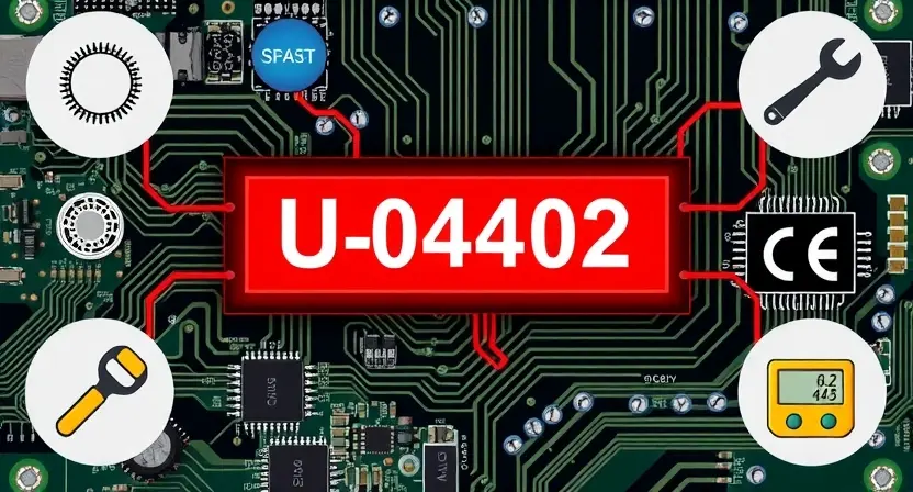 A high-quality technical illustration showing a circuit board with a highlighted U0402 component error, surrounded by icons of troubleshooting tools like magnifying glass, wrench, and circuit tester, with a clean digital interface background