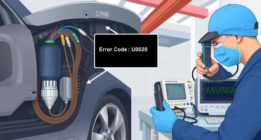 A detailed technical illustration of a vehicle's LS-CAN communication system showing disconnected wiring harnesses, error code U0020 displayed on a diagnostic scanner screen, and a mechanic analyzing CAN bus signals with an oscilloscope, all in a clean automotive workshop environment