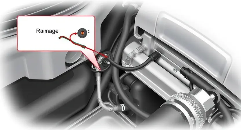 A detailed illustration of a car's engine bay, focusing on the fuel temperature sensor and its wiring. The sensor should be clearly visible, along with the associated wiring harness. Show potential damage to the wiring, such as frayed or disconnected wires. The engine should be partially visible in the background, suggesting a car's engine.