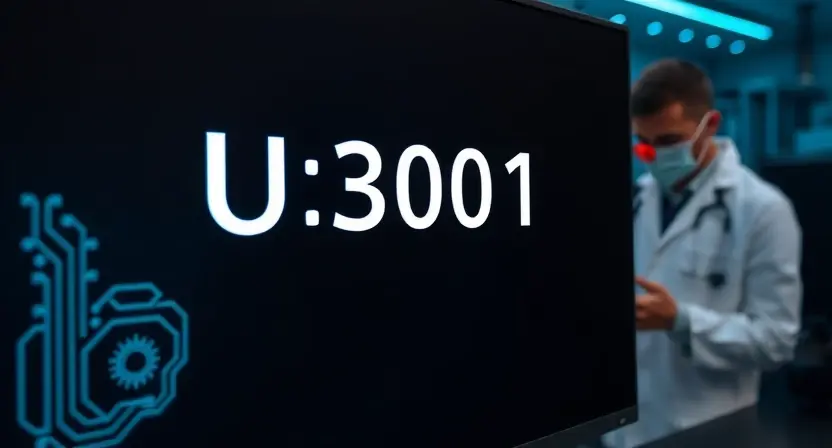 A close-up of a computer monitor displaying a generic error code U3001 on a dark background, with a technician in a lab coat holding a diagnostic tool, a magnifying glass hovering over a schematic diagram of a circuit board in the background, all depicted in a realistic, high-resolution style without any on-screen text or labels