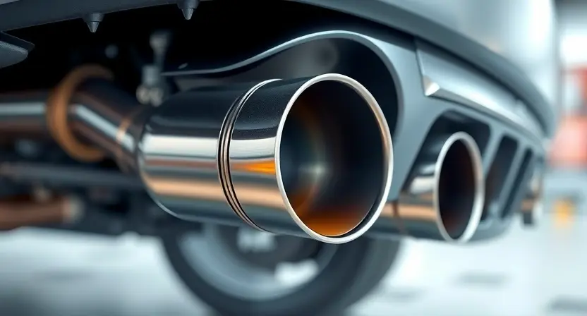 A detailed illustration of a car's exhaust system, specifically focusing on the catalytic converter area. The image should show a close-up view of the catalytic converter, highlighting its internal structure and the exhaust gases flowing through it. The background should be a slightly blurred representation of the car's engine compartment. The overall color palette should be metallic and industrial, emphasizing the heat and complexity of the system. Focus on the visual representation of a rich f