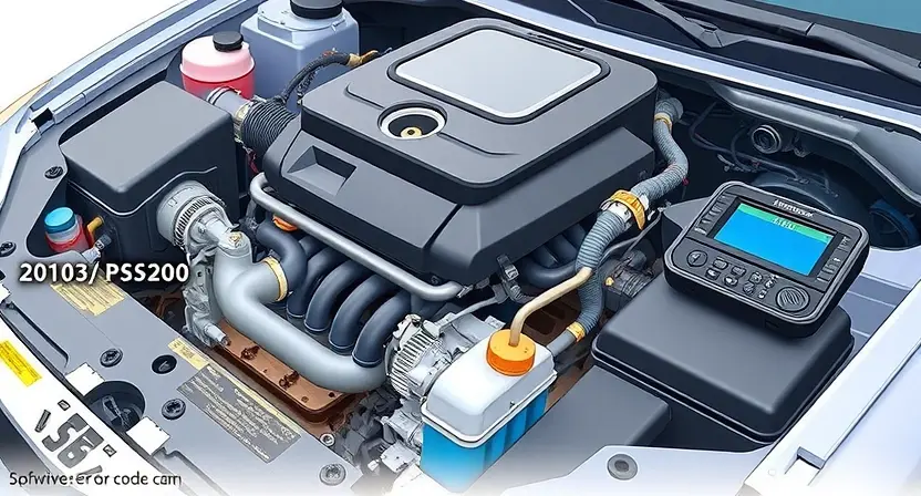 A detailed illustration of a car engine with a diagnostic error code P0103 highlighted. The engine should be realistically rendered, showing various components like the intake manifold, mass airflow sensor, and engine control unit (ECU). The error code should be clearly visible on a digital display near the ECU.
