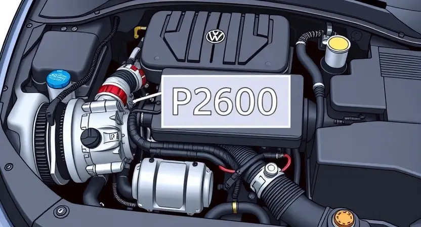 A detailed illustration of a car engine with a highlighted P2600 error code indicator. The engine should be clean and well-lit, showcasing various components like the crankshaft, camshaft, and sensors. The P2600 code should be clearly displayed on a digital dashboard or a separate diagnostic screen within the engine bay.