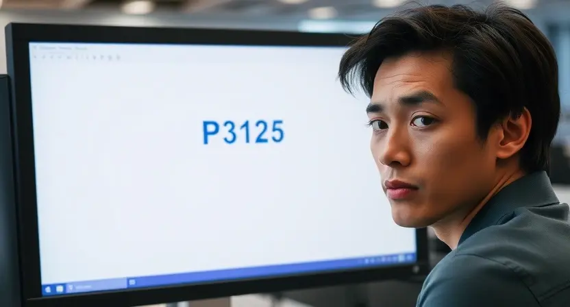A computer monitor displaying a technical error message "P3125" with a puzzled person looking at it. The background should be a clean, modern office setting. Focus on the error message and the person's expression of confusion or concern.