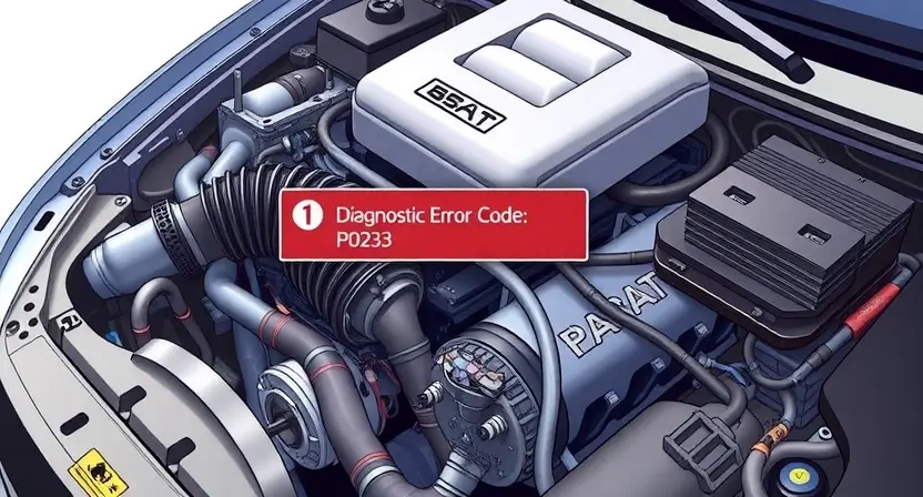 A detailed illustration of a car engine with a diagnostic error code P0253 highlighted. The engine should be realistically rendered, showing various components like spark plugs, wires, and sensors. The error code should be clearly visible on a digital display near the engine.