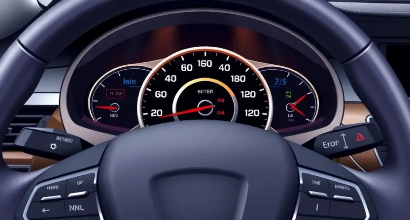 A detailed technical illustration of a car's cruise control system showing the speedometer, steering wheel, and control buttons with a warning light indicating an error, clean white background, high quality, 832x448 resolution