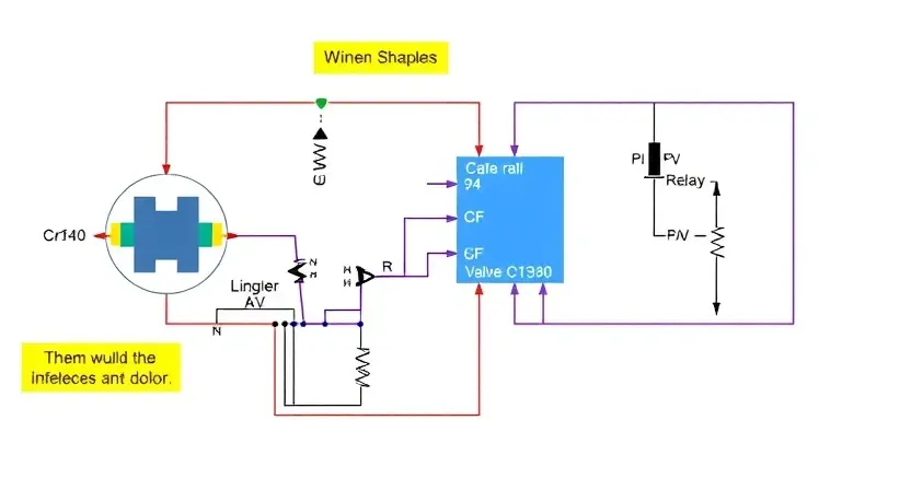 A detailed schematic diagram of an electromagnetic valve circuit, highlighting the C1340 error. Include components like the valve, relay, power supply, and wiring. Use color coding to differentiate components and connections.
