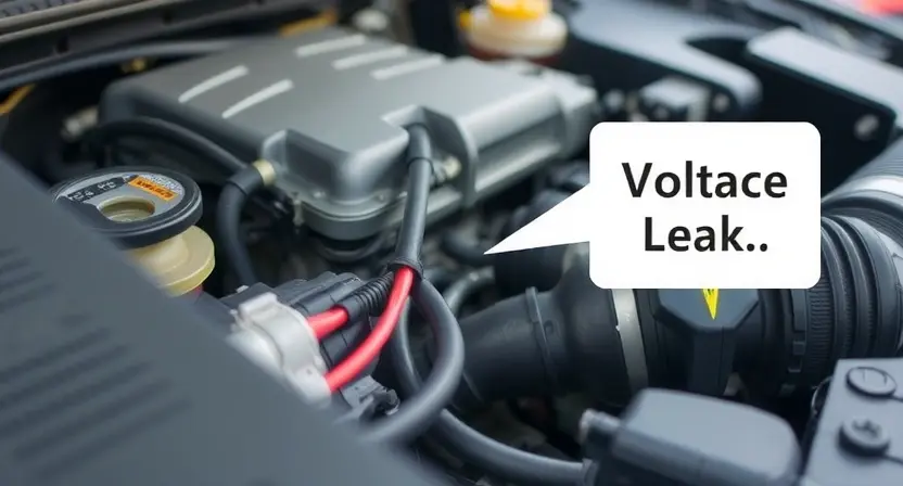 A close-up shot of a car's engine bay, highlighting a potential voltage leak near a component. Focus on the electrical connections and wires. The background should be slightly blurred to emphasize the details of the engine.