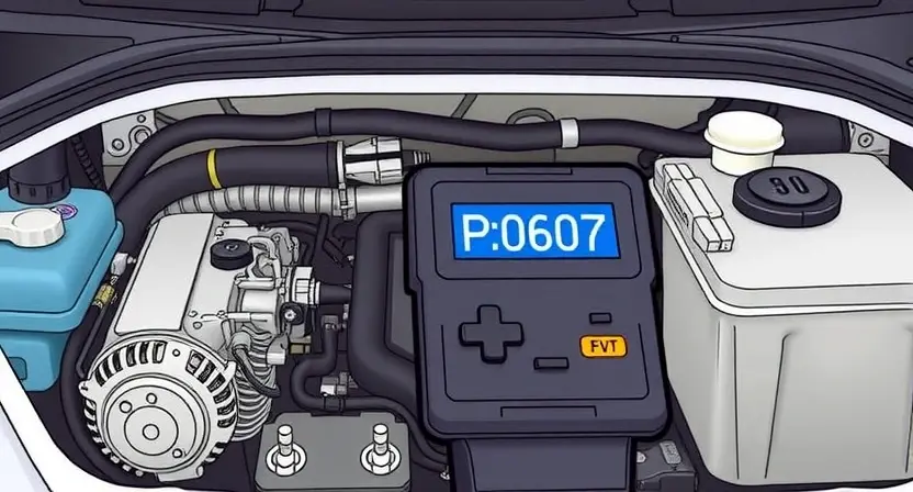 A detailed illustration of a car's engine bay with a diagnostic code reader displaying "P0607". The engine should be partially visible, showcasing various components like the alternator, battery, and wiring. Focus on clarity and technical accuracy.