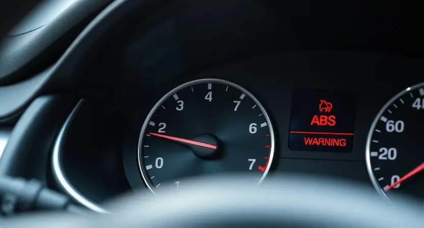 A close-up, detailed image of a car's dashboard displaying an ABS warning light. The dashboard should be clean and modern, with a focus on the warning light itself. The background should be slightly blurred to emphasize the light.