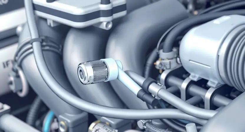 A close-up, detailed illustration of a car's intake manifold with a focus on the throttle position sensor and its wiring. The sensor should be clearly visible, and the wiring should be depicted as clean and undamaged. The background should be blurred to emphasize the sensor. The overall lighting should be bright and even, highlighting the components.