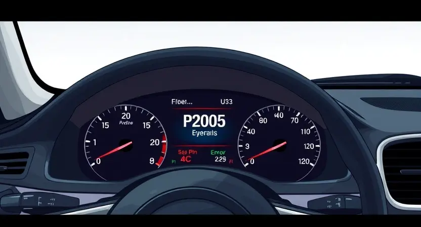 A detailed illustration of a car dashboard with a prominent warning light indicating a P2005 error. The dashboard should be clean and modern, focusing on the error light and surrounding gauges. The car's interior should be subtly visible but not distracting.