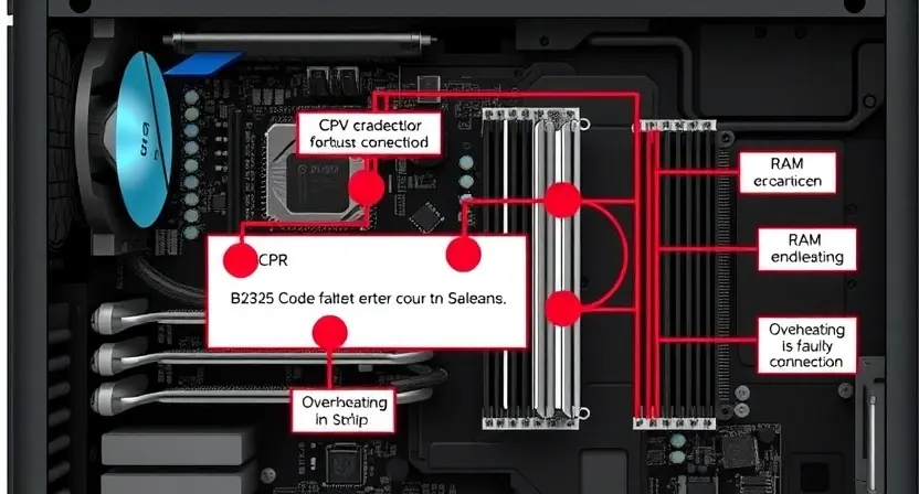 A detailed schematic diagram illustrating the B2325 error code in a computer system. Include visual representations of the affected components (CPU, RAM, motherboard) and potential causes (e.g., overheating, faulty connection). The diagram should be clean, well-labeled, and easy to understand.