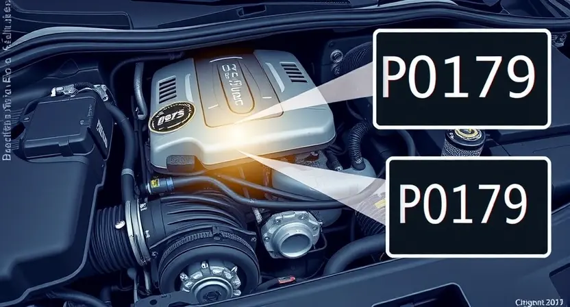 A detailed illustration of a car's engine bay with a diagnostic light illuminating the P0179 code. Focus on the engine components, wiring, and the illuminated light. Include a visual representation of the P0179 error code displayed on a dashboard or screen.