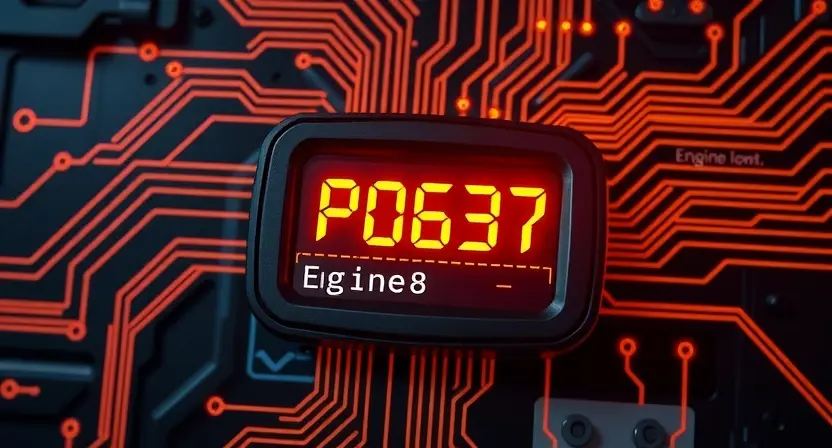 A high-tech automotive diagnostic scene showing an illuminated engine warning light with the code P0637 displayed on a digital scanner, surrounded by abstract electrical circuit patterns and glowing wire connections, symbolizing a high signal level in the control circuit
