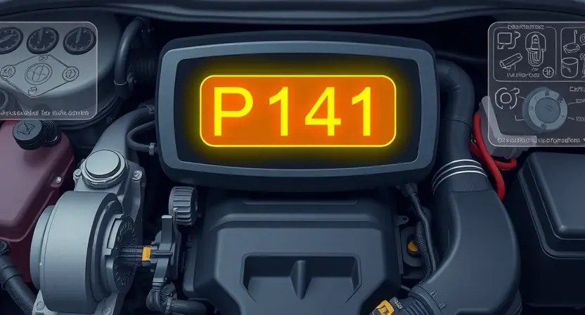 A high-quality technical illustration showing a car engine with a glowing diagnostic scanner displaying error code P1441, surrounded by automotive parts like sensors and wiring, with a clean background and technical diagrams