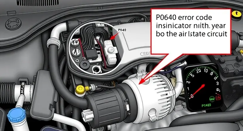 A detailed illustration of an automotive engine bay, focusing on the air intake heater circuit. Show wiring, connectors, and the heater core itself. Highlight the P0640 error code indicator on a dashboard.