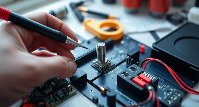 A close-up, high-resolution image depicting a technician visually inspecting a sensor component. The sensor should be clearly visible, with wires and connections. Tools like a multimeter or magnifying glass could be subtly included. The background should be a clean, organized electronics workbench. Focus on the details of the sensor and its connections.