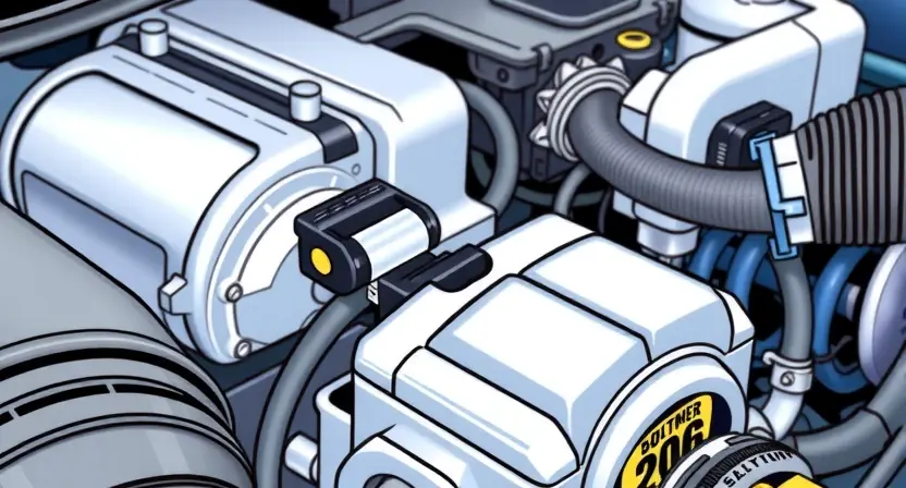 A close-up, detailed illustration of an engine bay with a focus on the mass airflow sensor (MAF sensor). The sensor should be clearly visible, along with surrounding engine components like air intake tubing and wiring. The overall lighting should be bright and clean, emphasizing the sensor's position and connections. The background should be slightly blurred to keep the focus on the MAF sensor.
